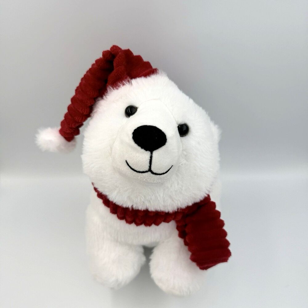 Publix Christmas Polar Bear Plush Red Scarf & Santa Hat Holiday Teddy 11” EUC
